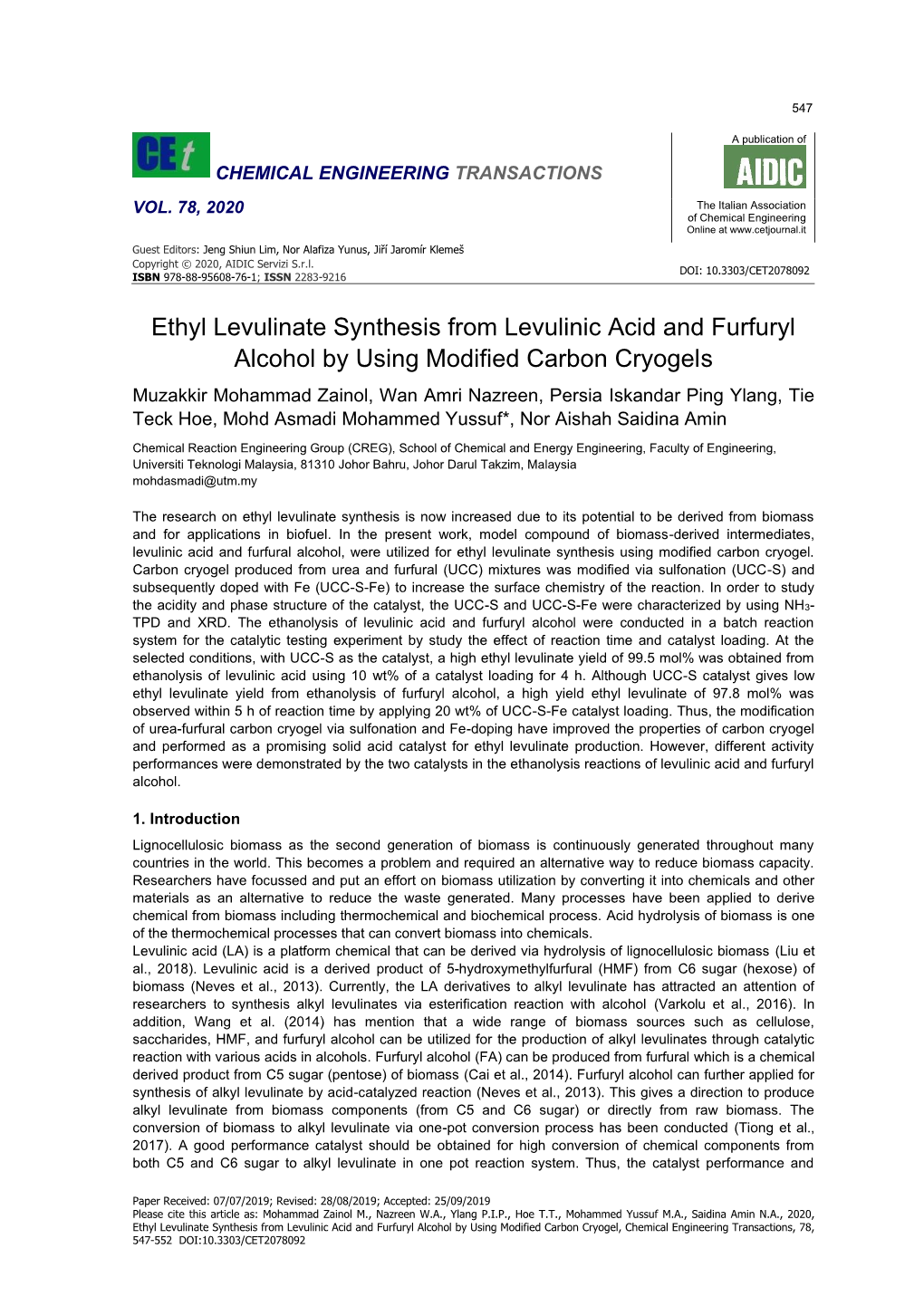 Ethyl Levulinate Synthesis from Levulinic Acid and Furfuryl Alcohol