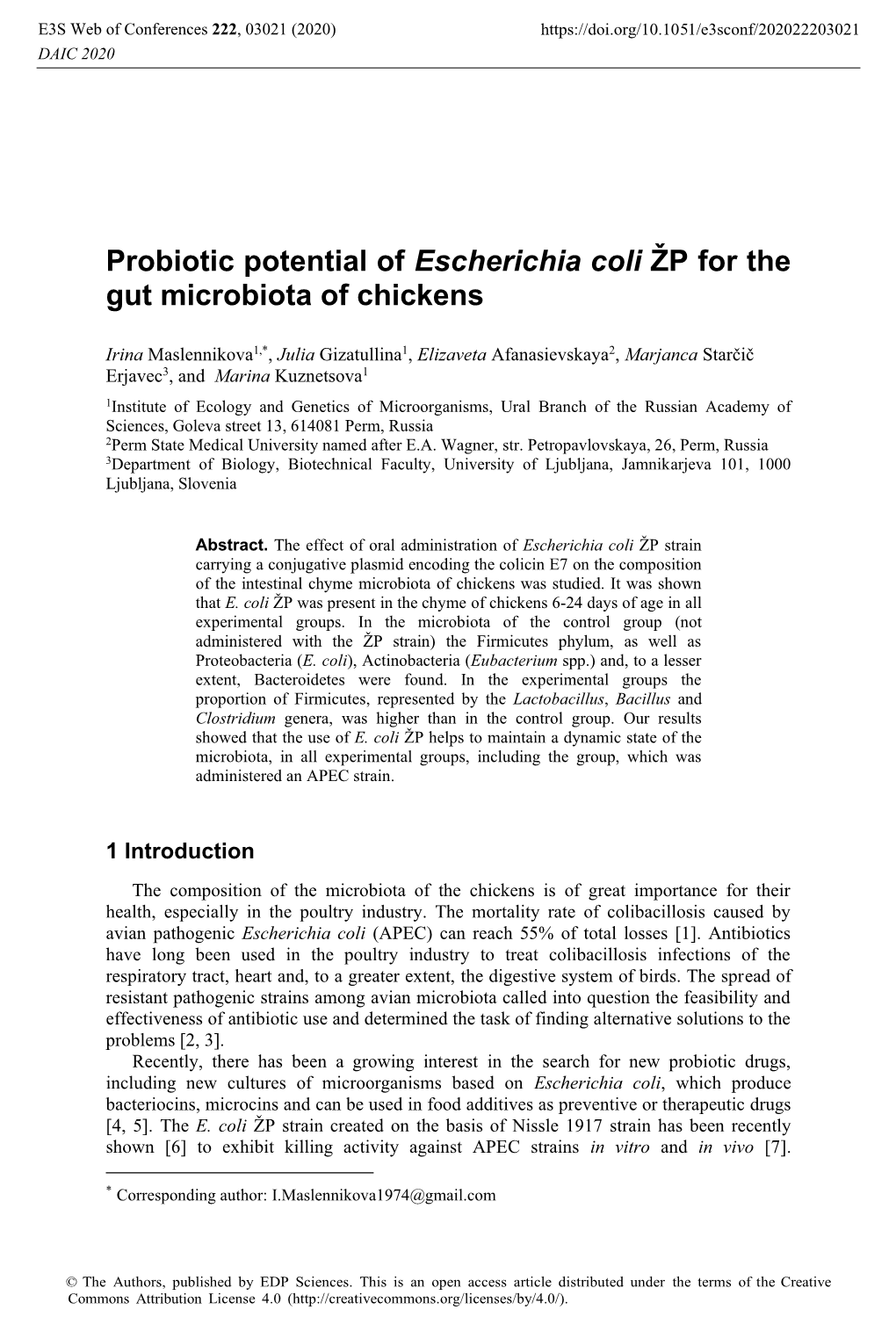 Probiotic Potential of Escherichia Coli ŽP for the Gut Microbiota of Chickens