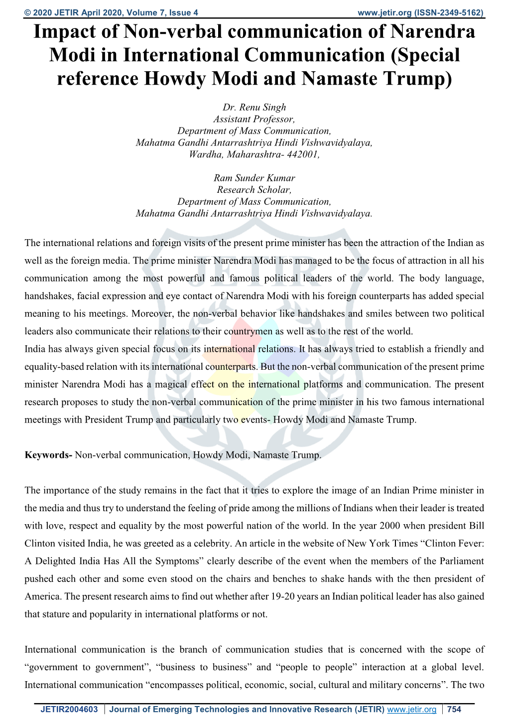 Impact of Non-Verbal Communication of Narendra Modi in International Communication (Special Reference Howdy Modi and Namaste Trump)