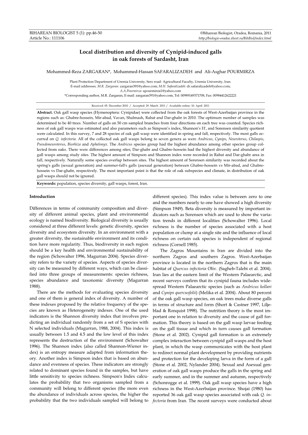 Local Distribution and Diversity of Cynipid-Induced Galls in Oak Forests of Sardasht, Iran