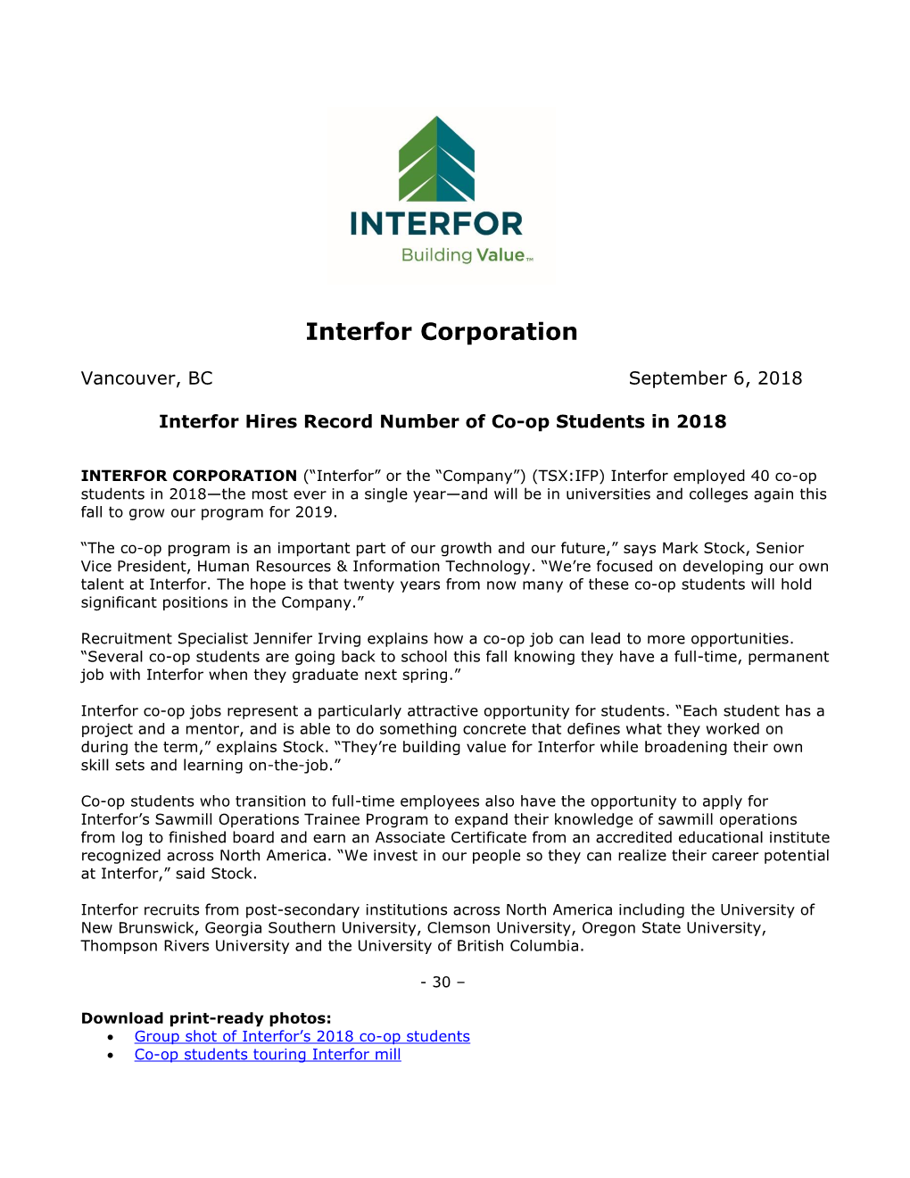 Interfor Hires Record Number of Co-Op Students in 2018