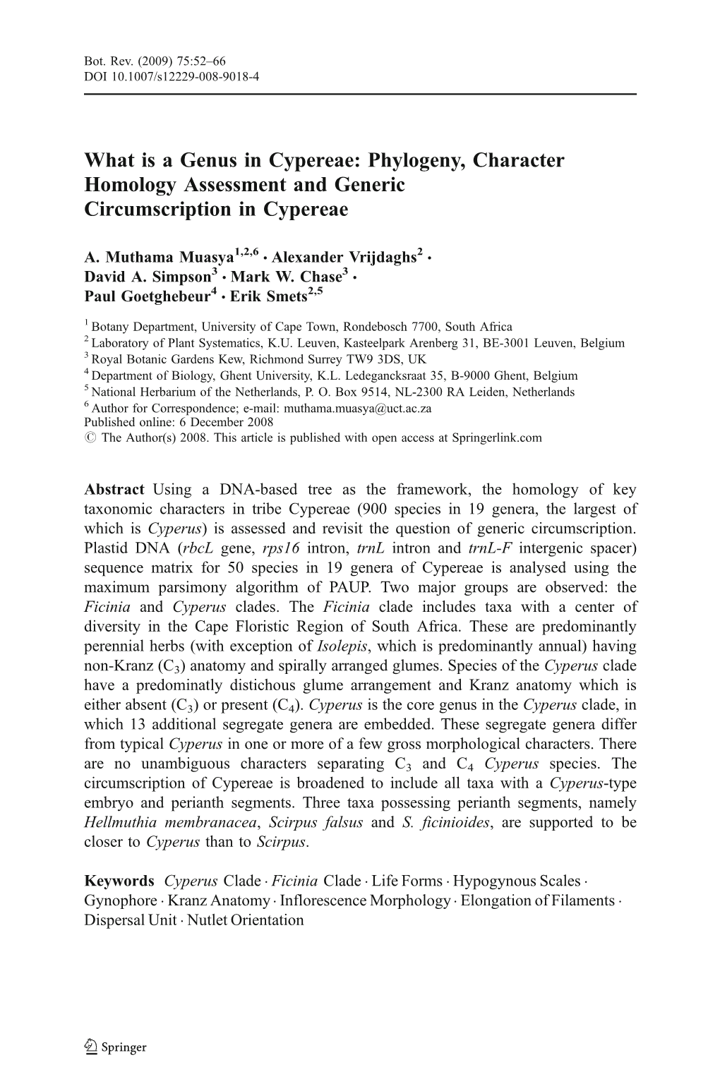 What Is a Genus in Cypereae: Phylogeny, Character Homology Assessment and Generic Circumscription in Cypereae