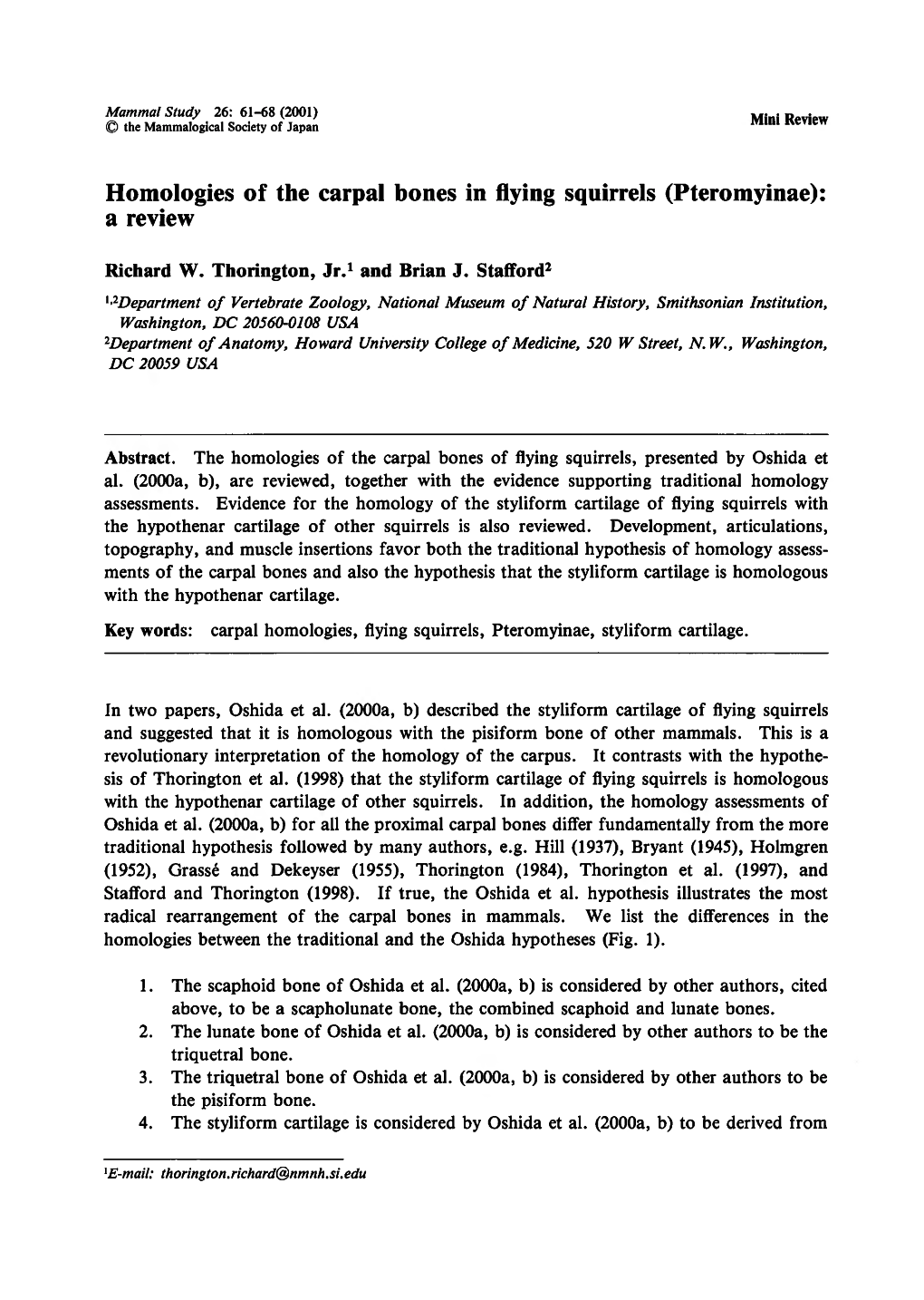 Homologies of the Carpal Bones in Flying Squirrels (Pteromyinae): a Review