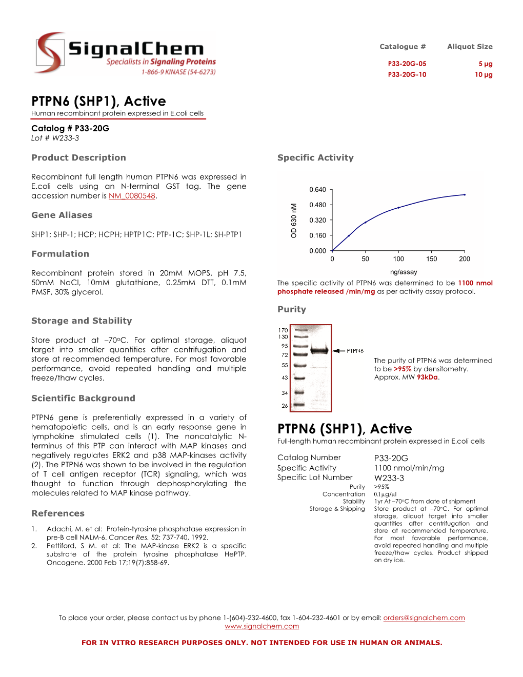 PTPN6 (SHP1), Active Human Recombinant Protein Expressed in E.Coli Cells