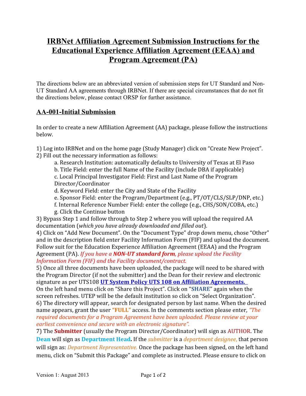 Irbnet Affiliation Agreement Submission Instructions for the Educational Experience Affiliation