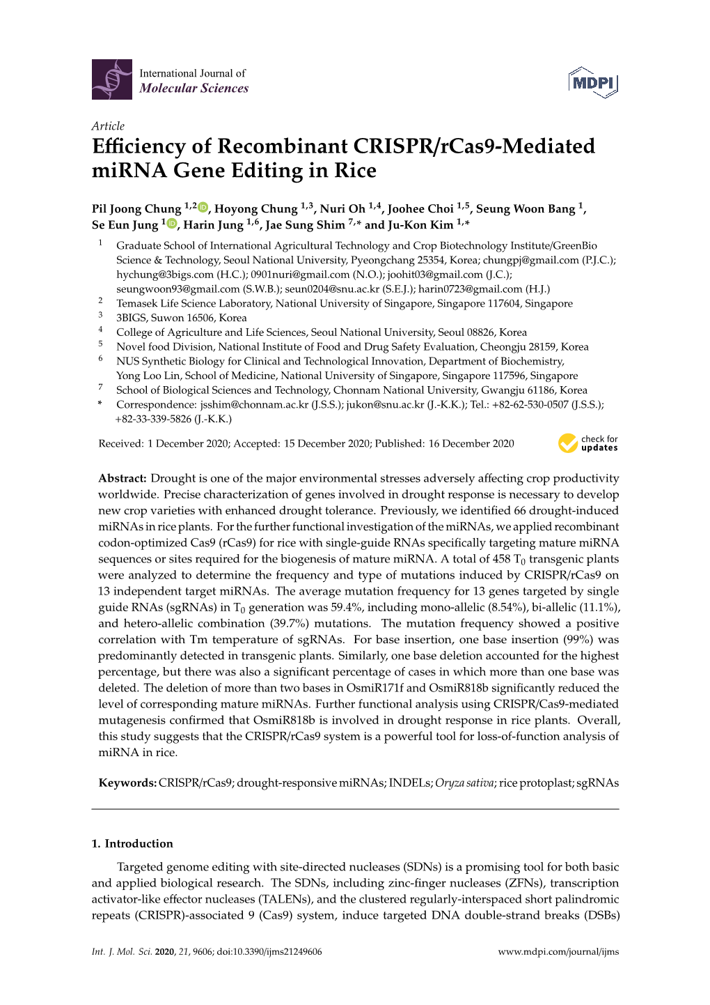 Efficiency of Recombinant CRISPR/Rcas9-Mediated Mirna