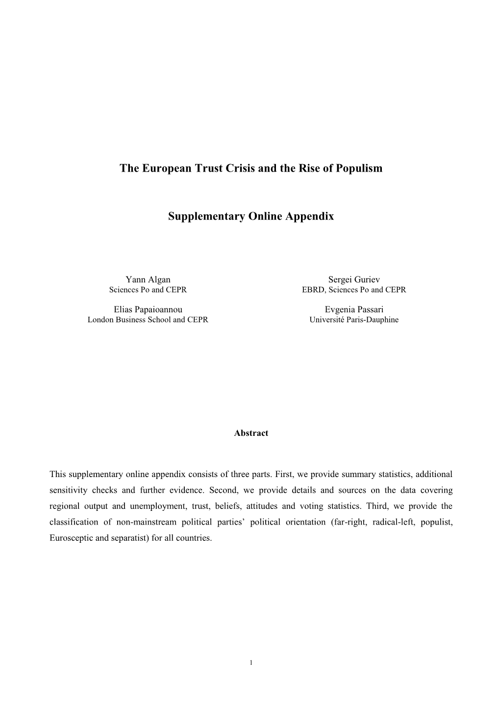 The European Trust Crisis and the Rise of Populism Supplementary