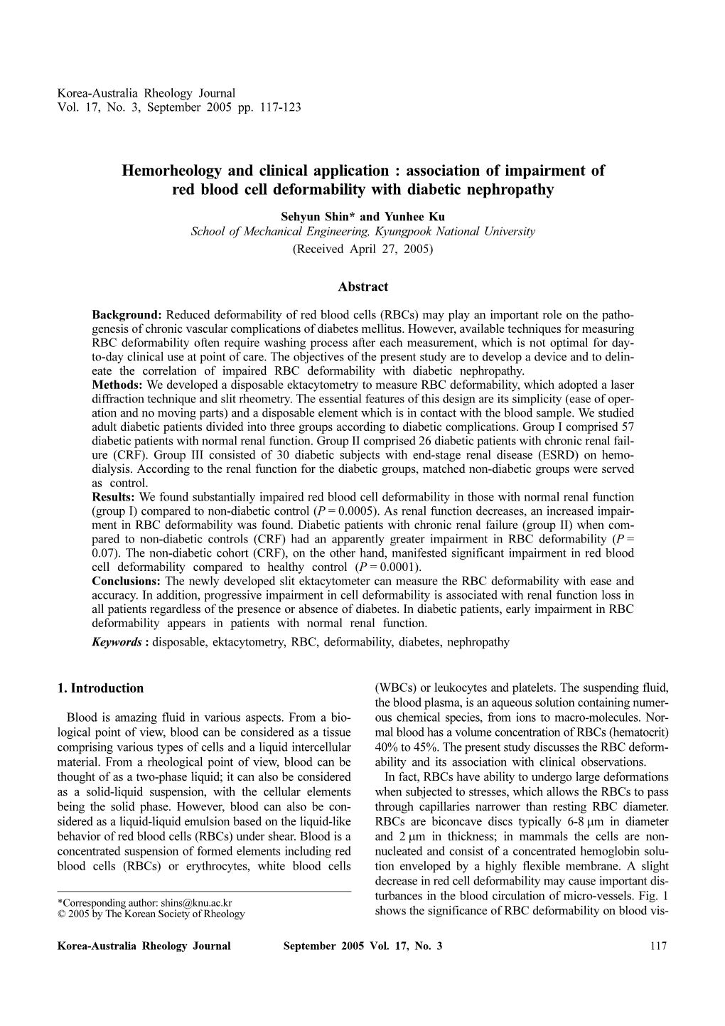 Association of Impairment of Red Blood Cell Deformability with Diabetic