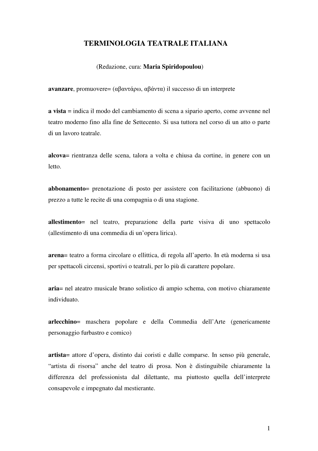 Terminologia Teatrale Italiana