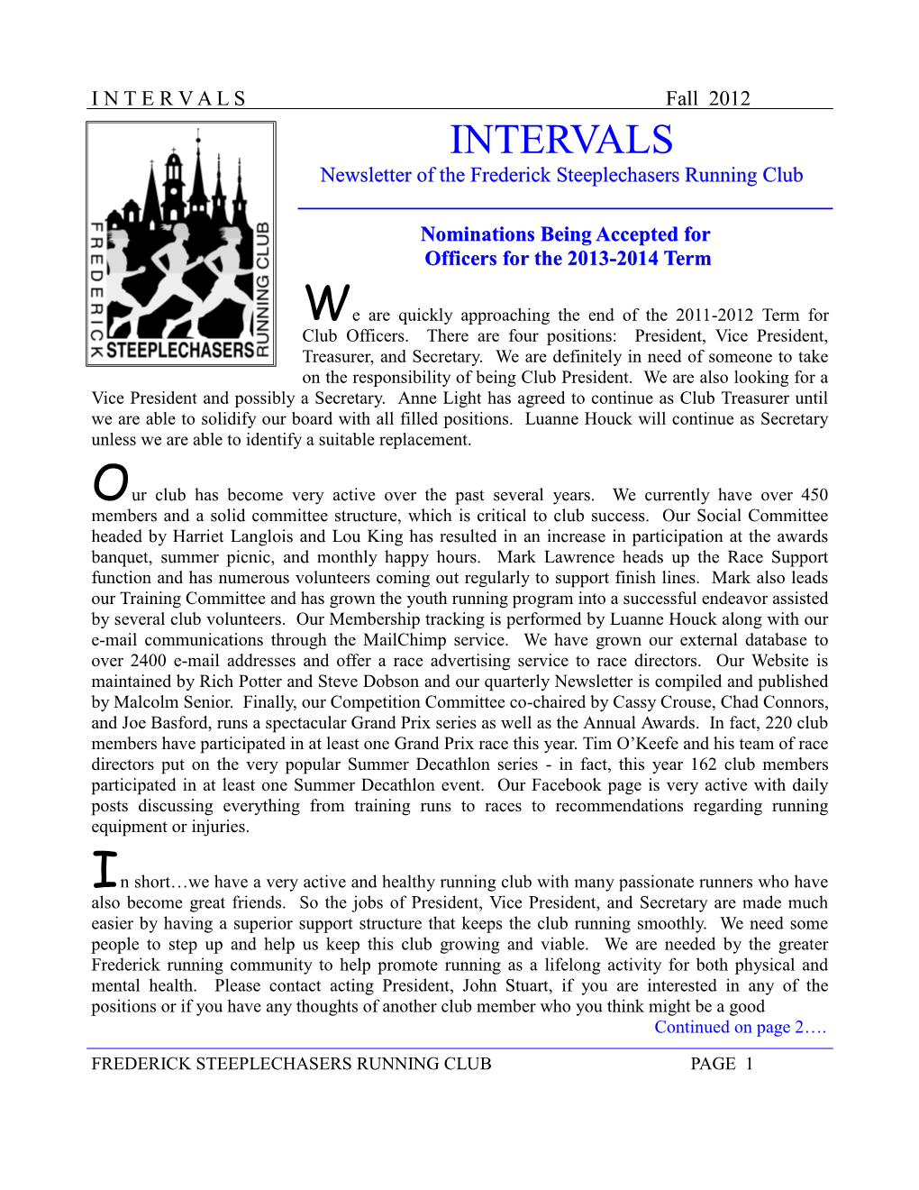 INTERVALS Newsletter of the Frederick Steeplechasers Running Club