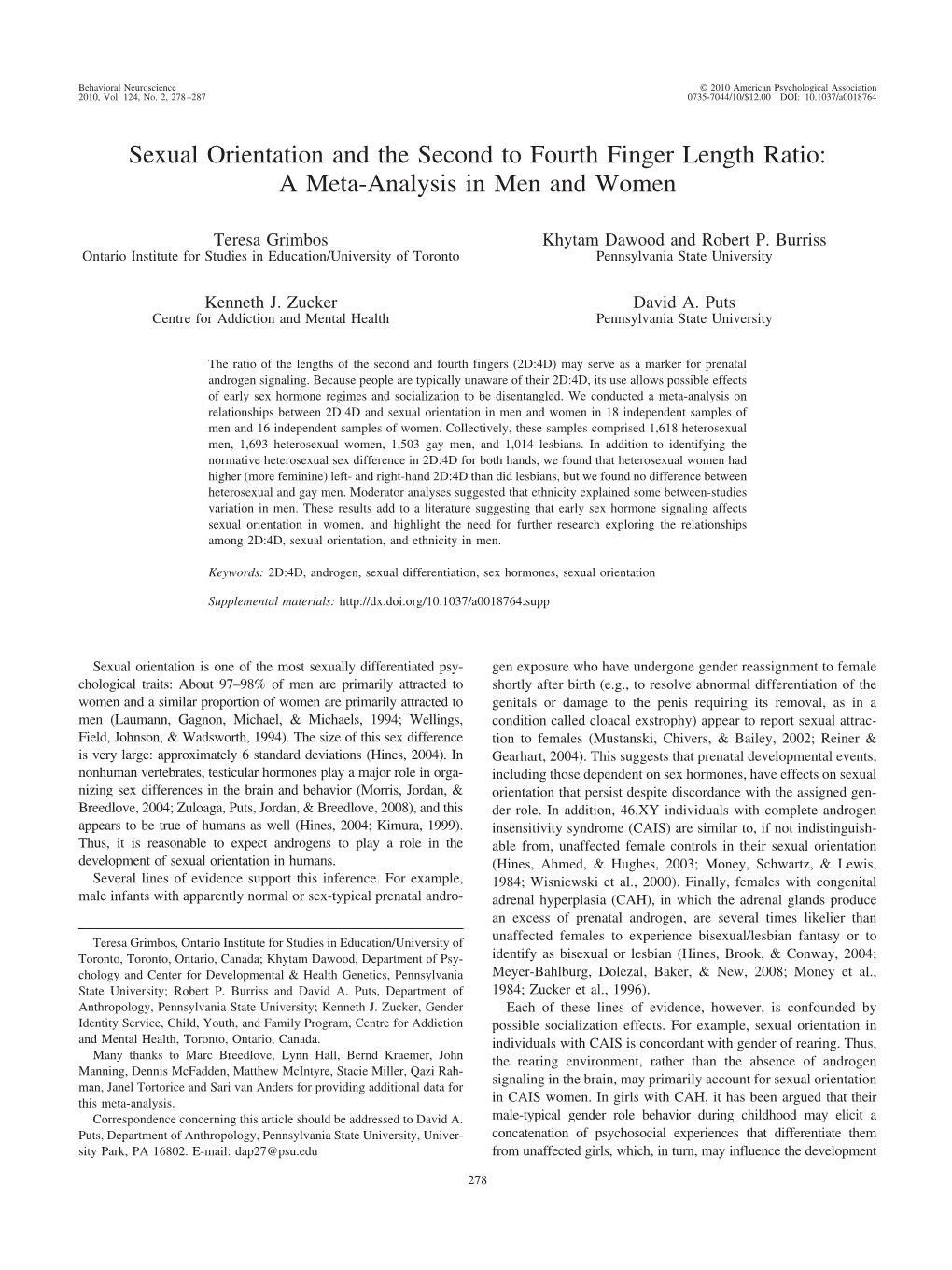 Sexual Orientation and the Second to Fourth Finger Length Ratio: a Meta-Analysis in Men and Women
