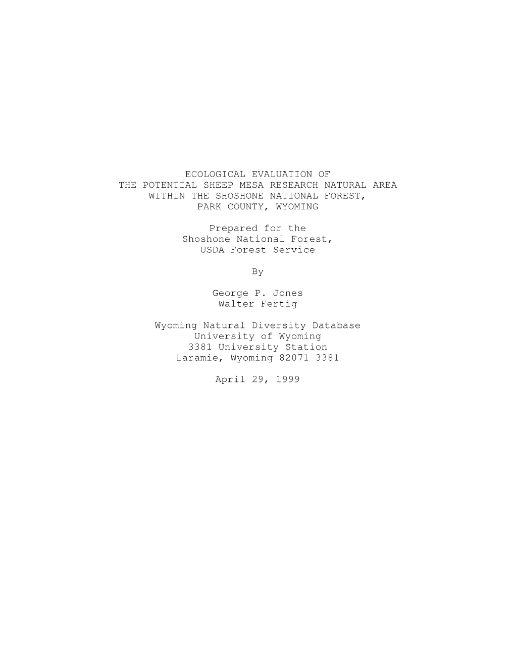 Ecological Evaluation of the Potential Sheep Mesa Research Natural Area Within the Shoshone National Forest, Park County, Wyoming
