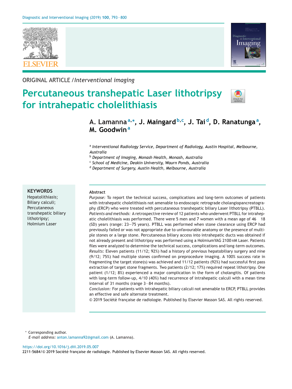 Percutaneous Transhepatic Laser Lithotripsy for Intrahepatic Cholelithiasis