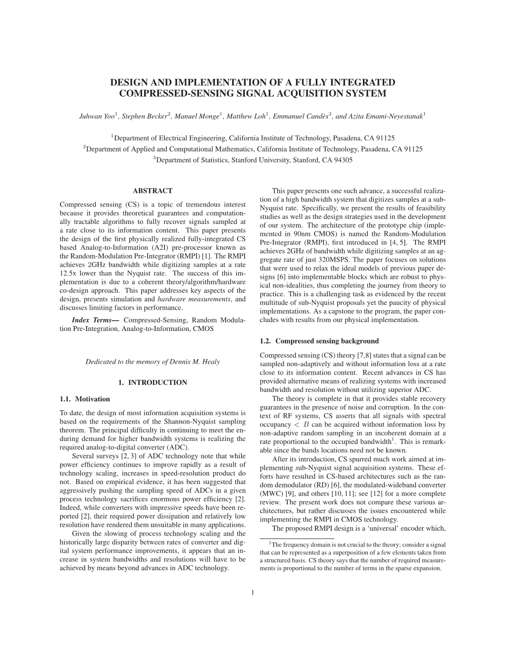 Design and Implementation of a Fully Integrated Compressed-Sensing Signal Acquisition System