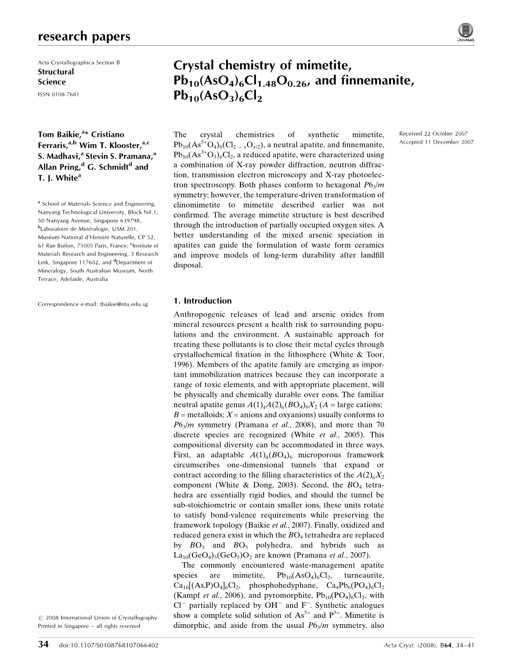 Crystal Chemistry of Mimetite, Pb10(Aso4)