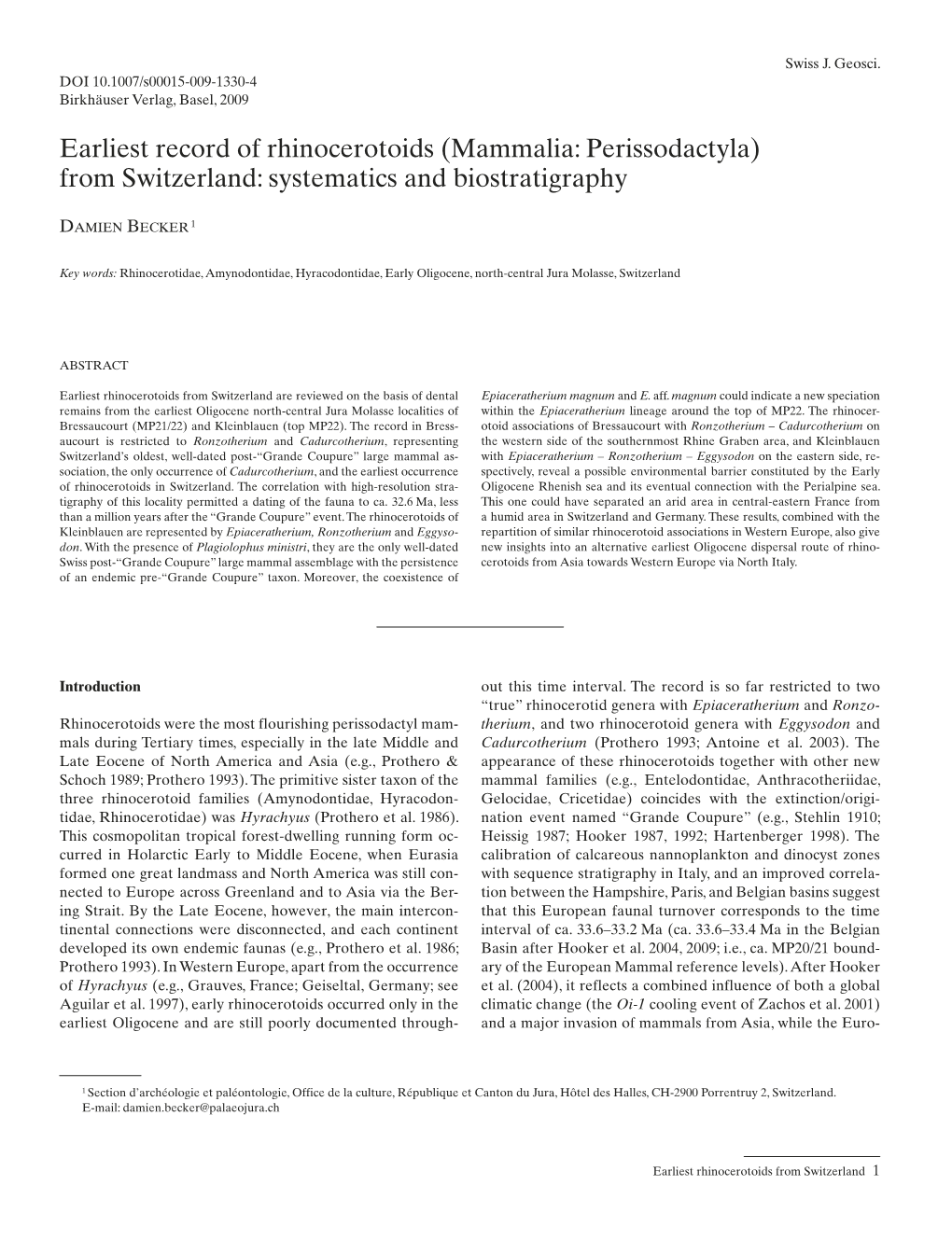 Mammalia: Perissodactyla) from Switzerland: Systematics and Biostratigraphy