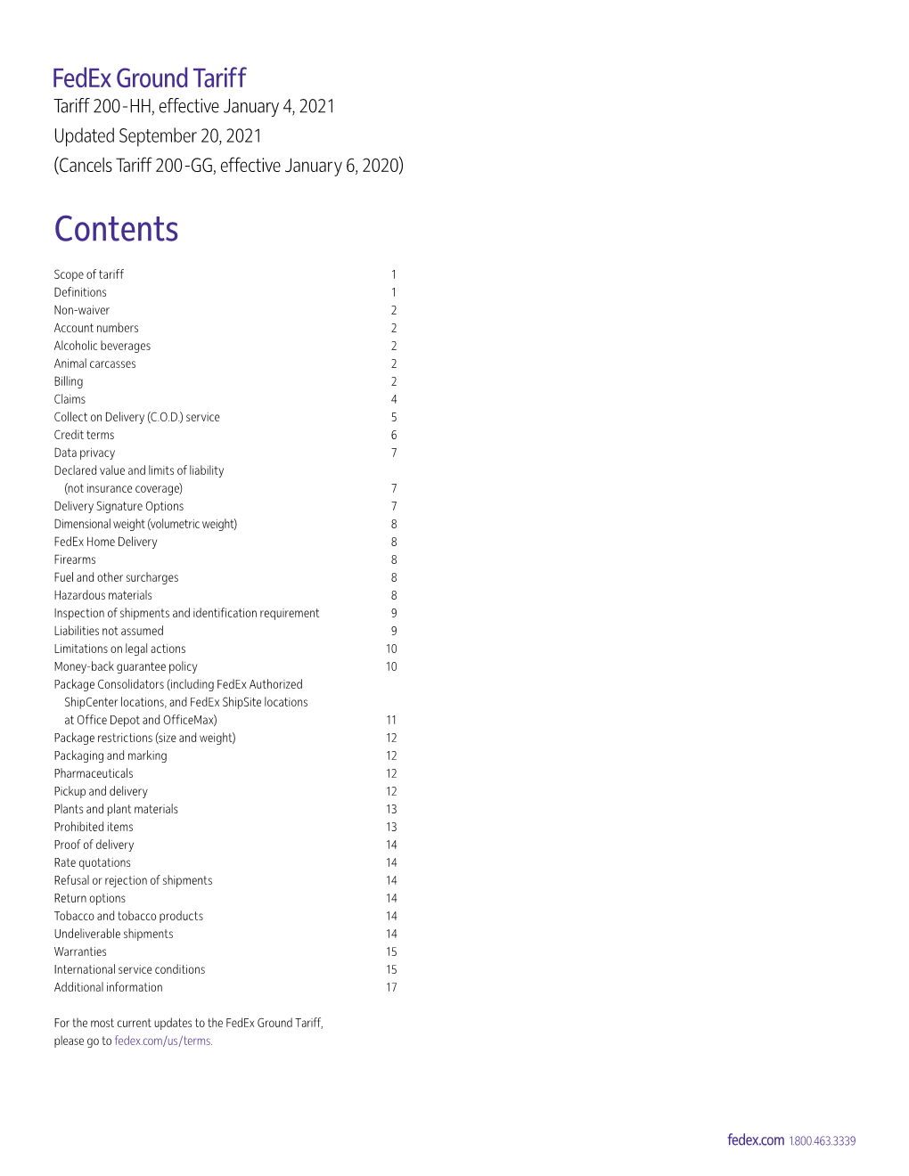 Fedex Ground Tariff Tariff 200-HH, Effective January 4, 2021 Updated September 20, 2021 (Cancels Tariff 200-GG, Effective January 6, 2020)