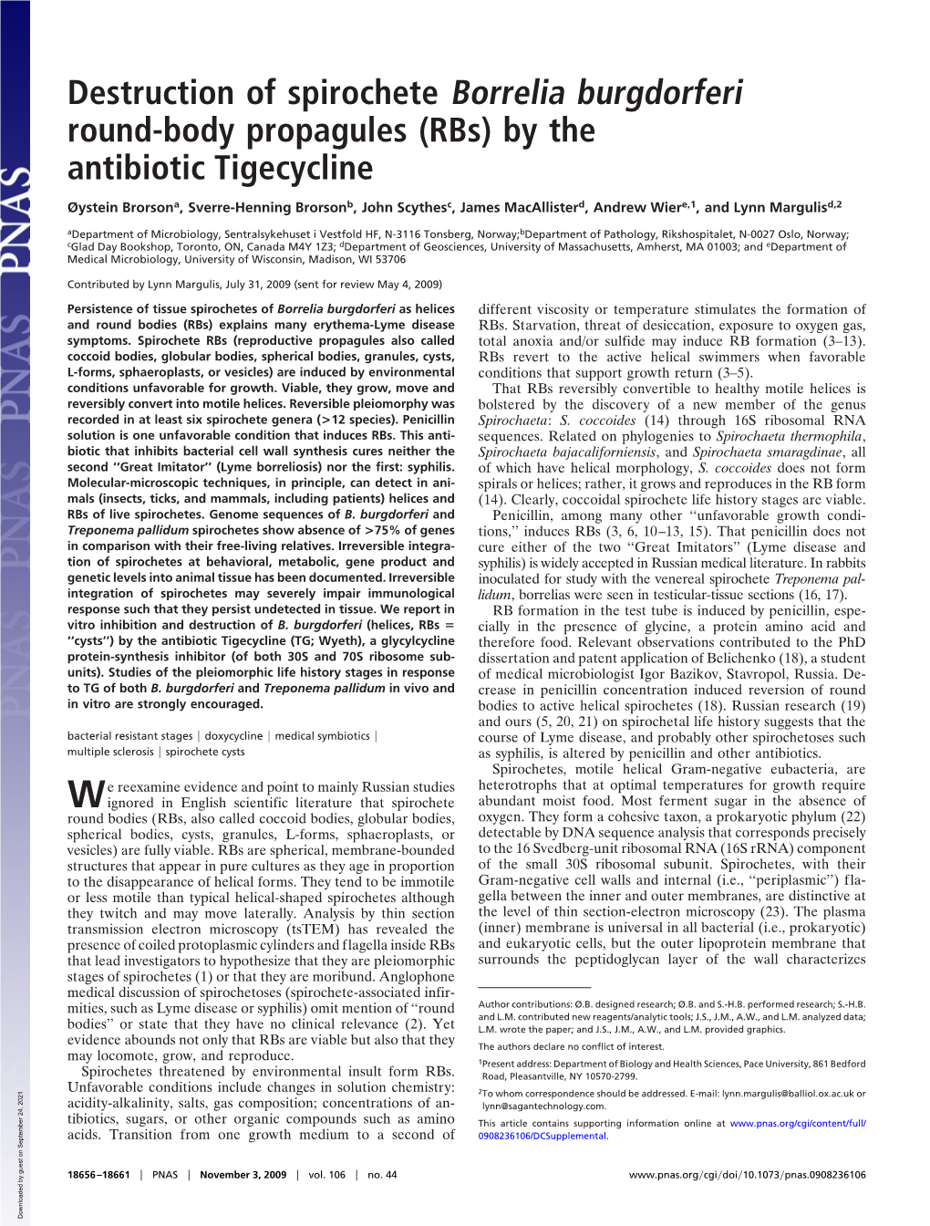 Destruction of Spirochete Borrelia Burgdorferi Round-Body Propagules (Rbs) by the Antibiotic Tigecycline