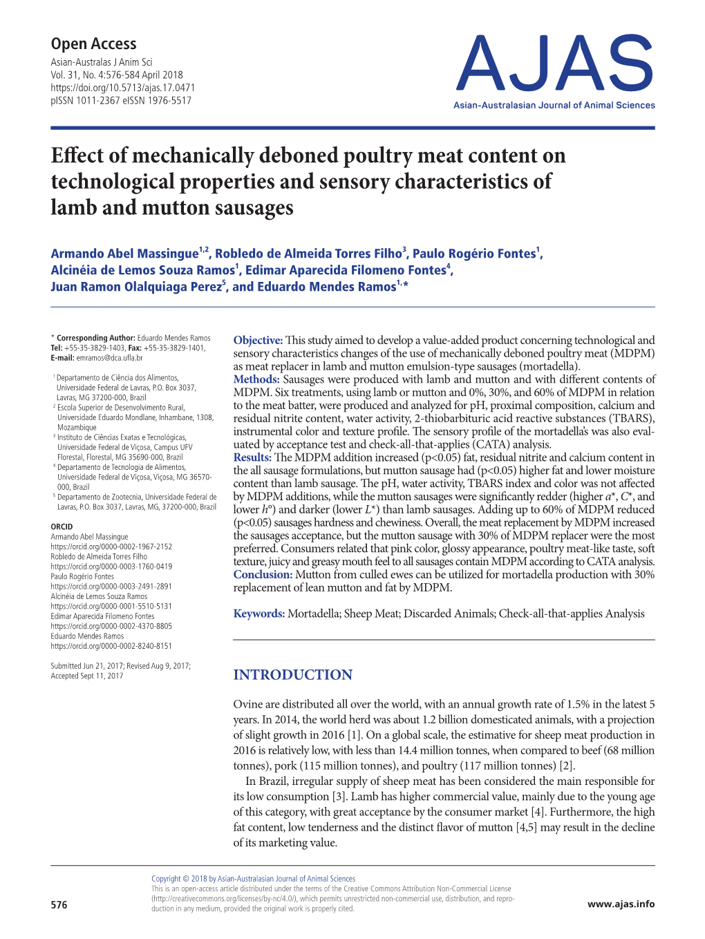 Effect of Mechanically Deboned Poultry Meat Content on Technological Properties and Sensory Characteristics of Lamb and Mutton Sausages