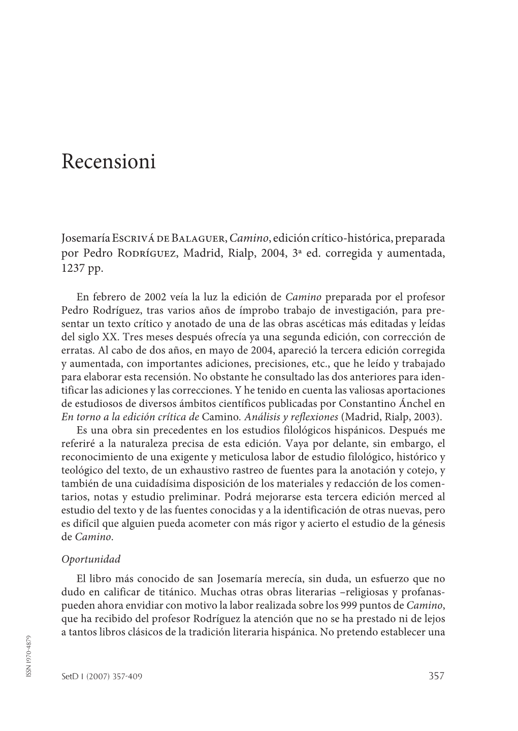 2007) 357-409 357 Recensioni Analogía Entre Los Textos Sino Entre Los Estudios