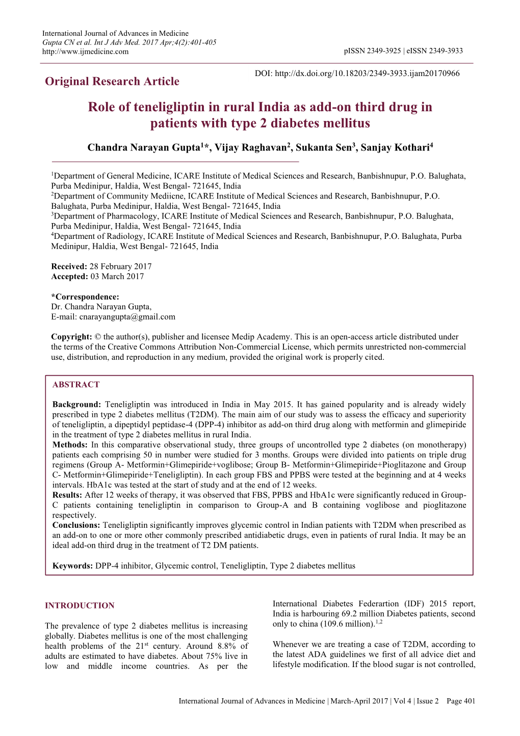 Role of Teneligliptin in Rural India As Add-On Third Drug in Patients with Type 2 Diabetes Mellitus