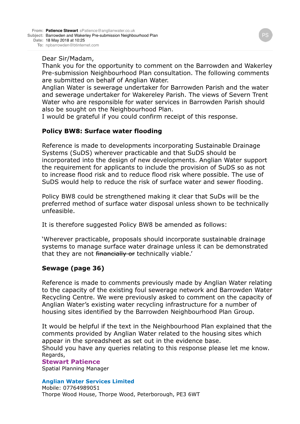 Dear Sir/Madam, Thank You for the Opportunity to Comment on the Barrowden and Wakerley Pre-Submission Neighbourhood Plan Consultation