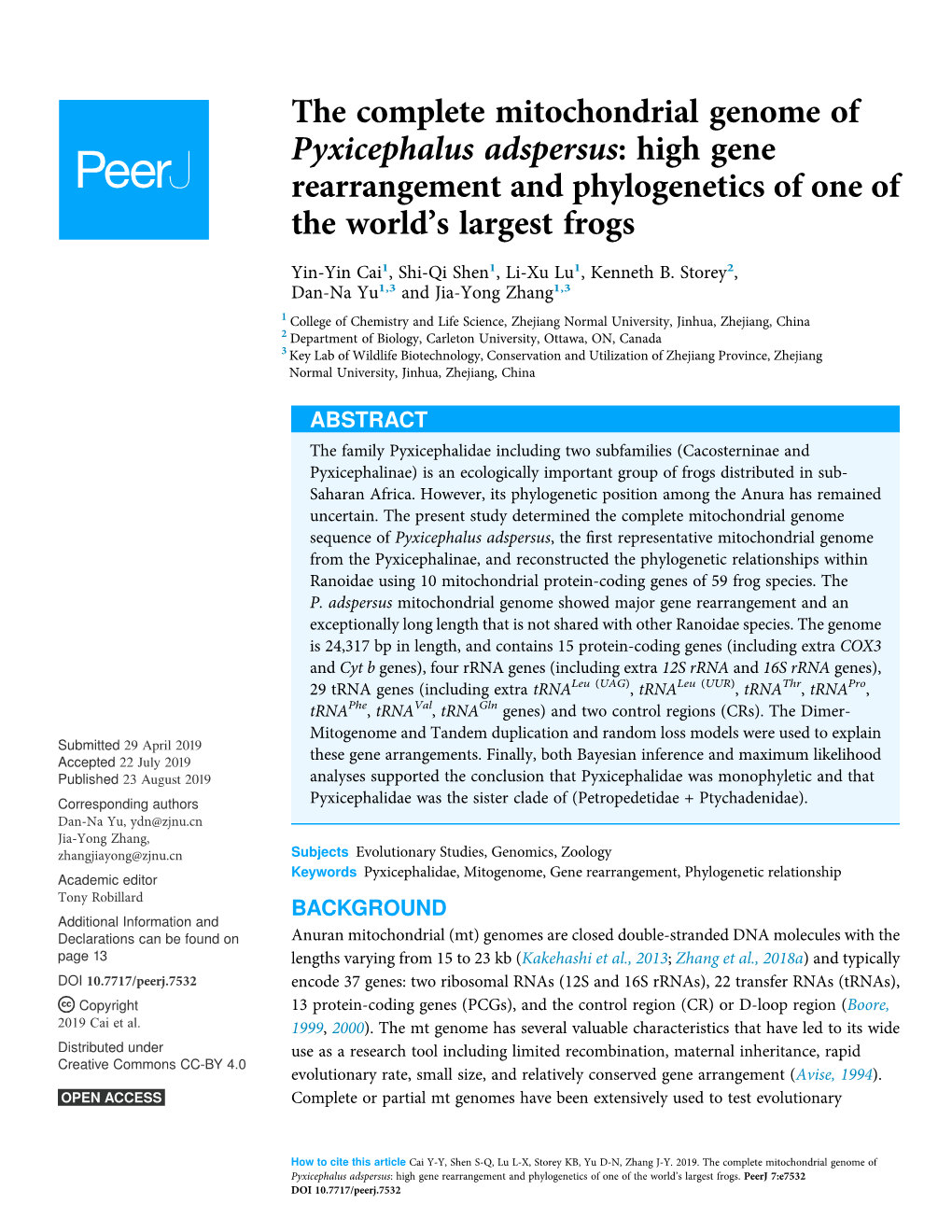 The Complete Mitochondrial Genome of Pyxicephalus Adspersus: High Gene Rearrangement and Phylogenetics of One of the World’S Largest Frogs