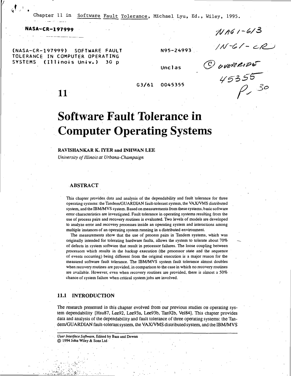 Software Fault Tolerance in Computer Operating Systems