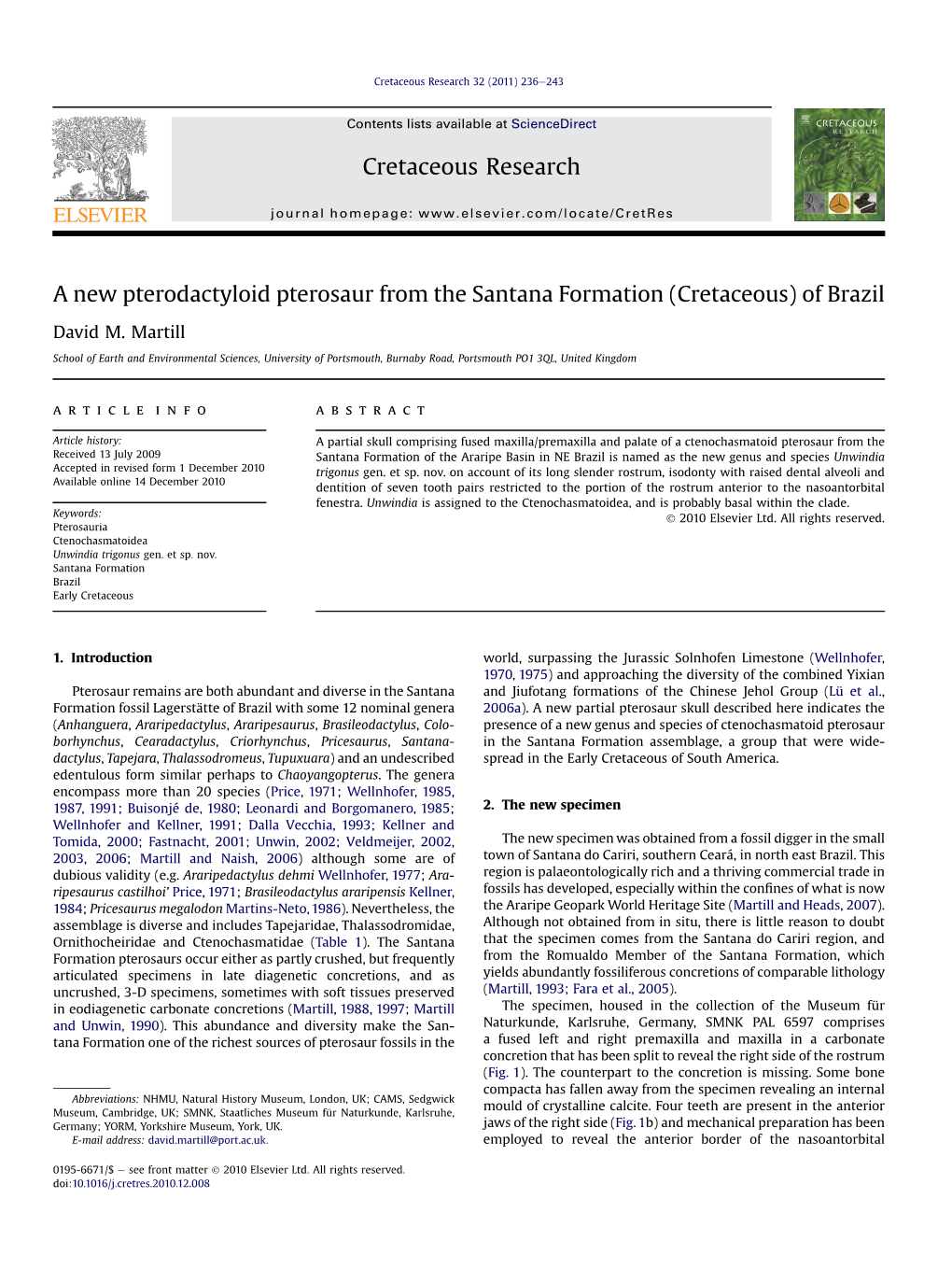 A New Pterodactyloid Pterosaur from the Santana Formation (Cretaceous) of Brazil