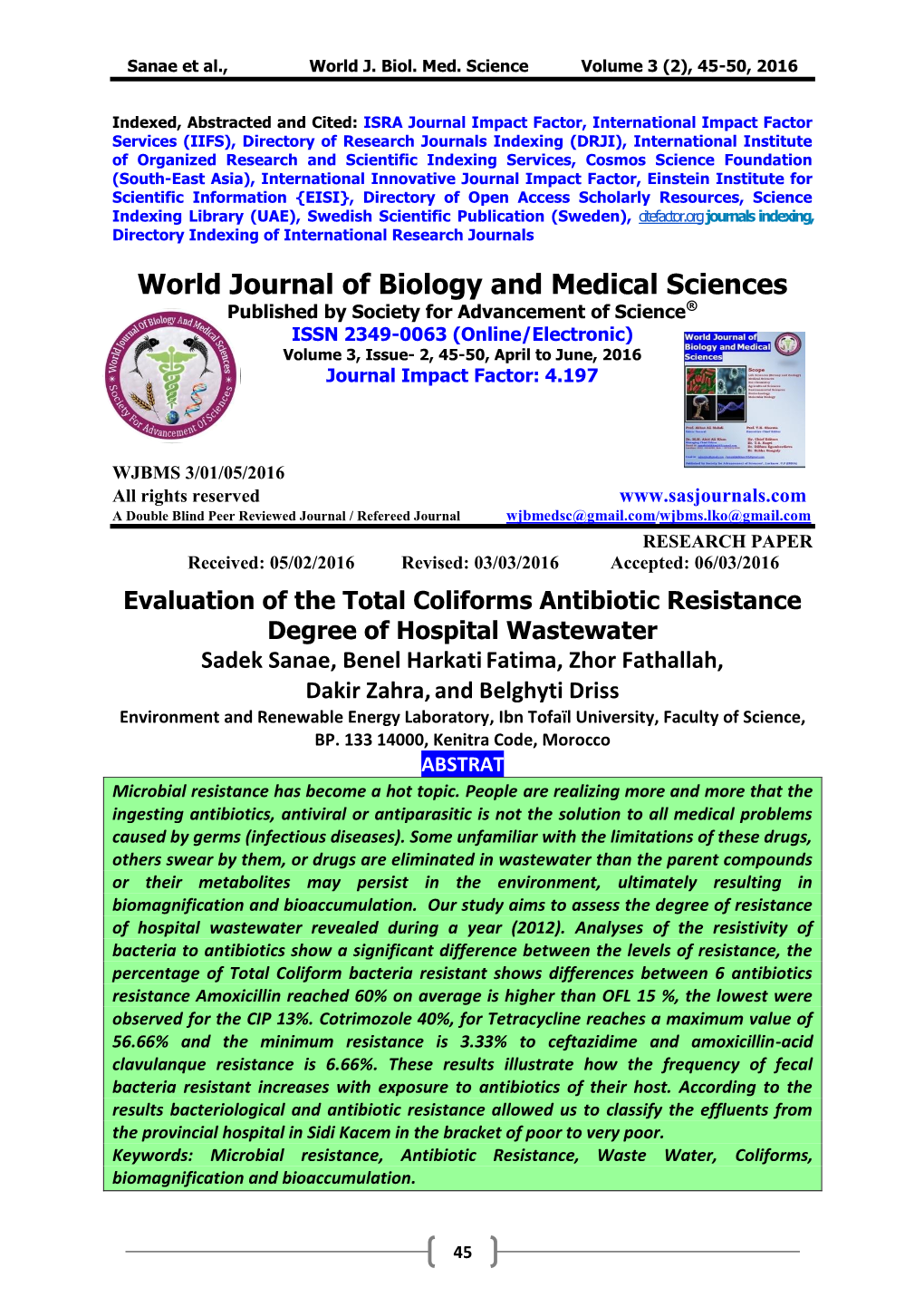 Evaluation of the Total Coliforms Antibiotic Resistance Degree Of