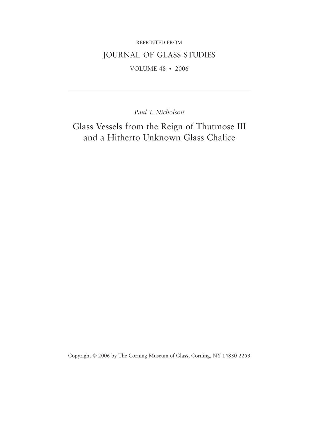 Glass Vessels from the Reign of Thutmose III and a Hitherto Unknown Glass Chalice