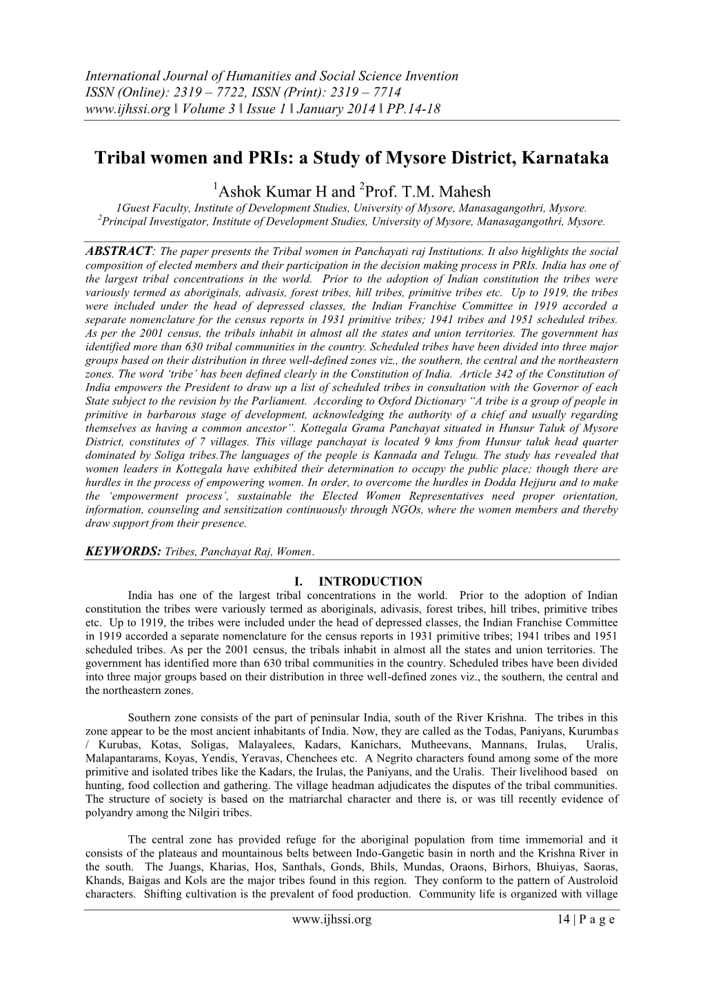 Tribal Women and Pris: a Study of Mysore District, Karnataka 1Ashok Kumar H and 2Prof