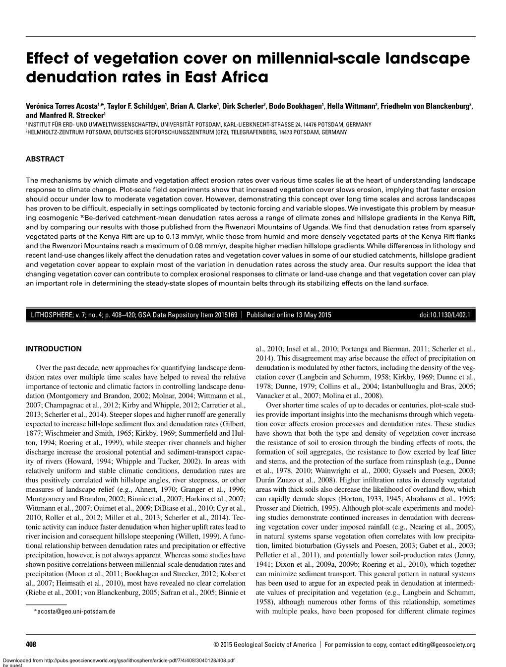 Effect of Vegetation Cover on Millennial-Scale Landscape Denudation Rates in East Africa