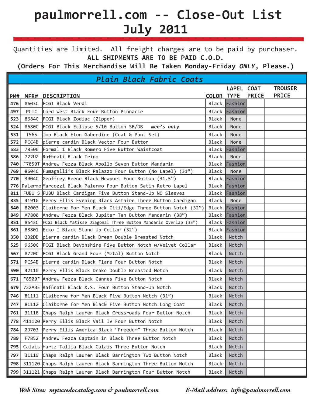 Paulmorrell.Com -- Close-Out List July 2011