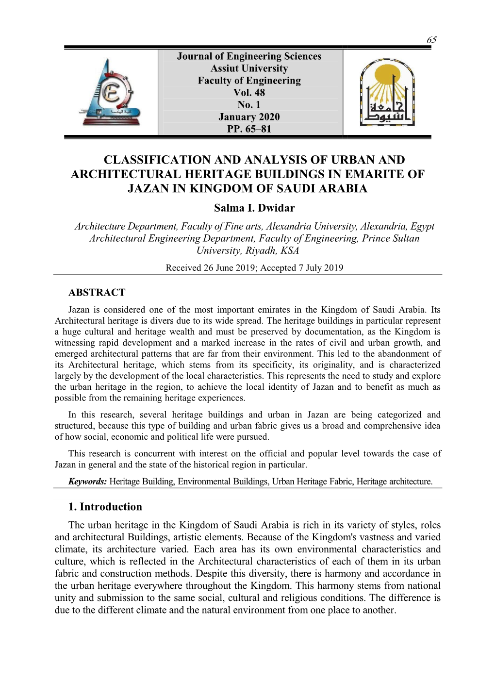 CLASSIFICATION and ANALYSIS of URBAN and ARCHITECTURAL HERITAGE BUILDINGS in EMARITE of JAZAN in KINGDOM of SAUDI ARABIA Salma I