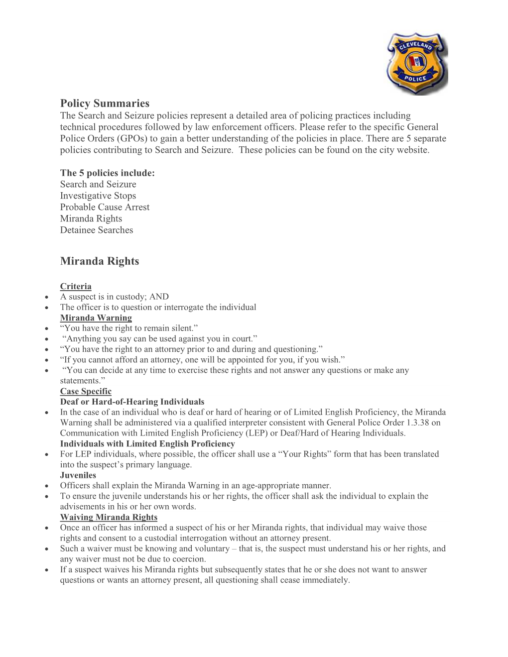 Policy Summaries Miranda Rights