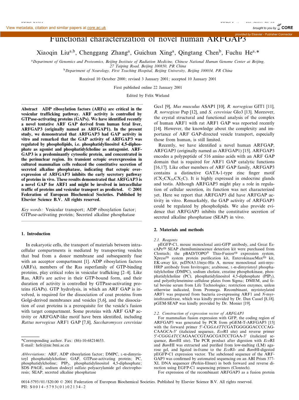 Functional Characterization of Novel Human Arfgap3provided by Elsevier - Publisher Connector