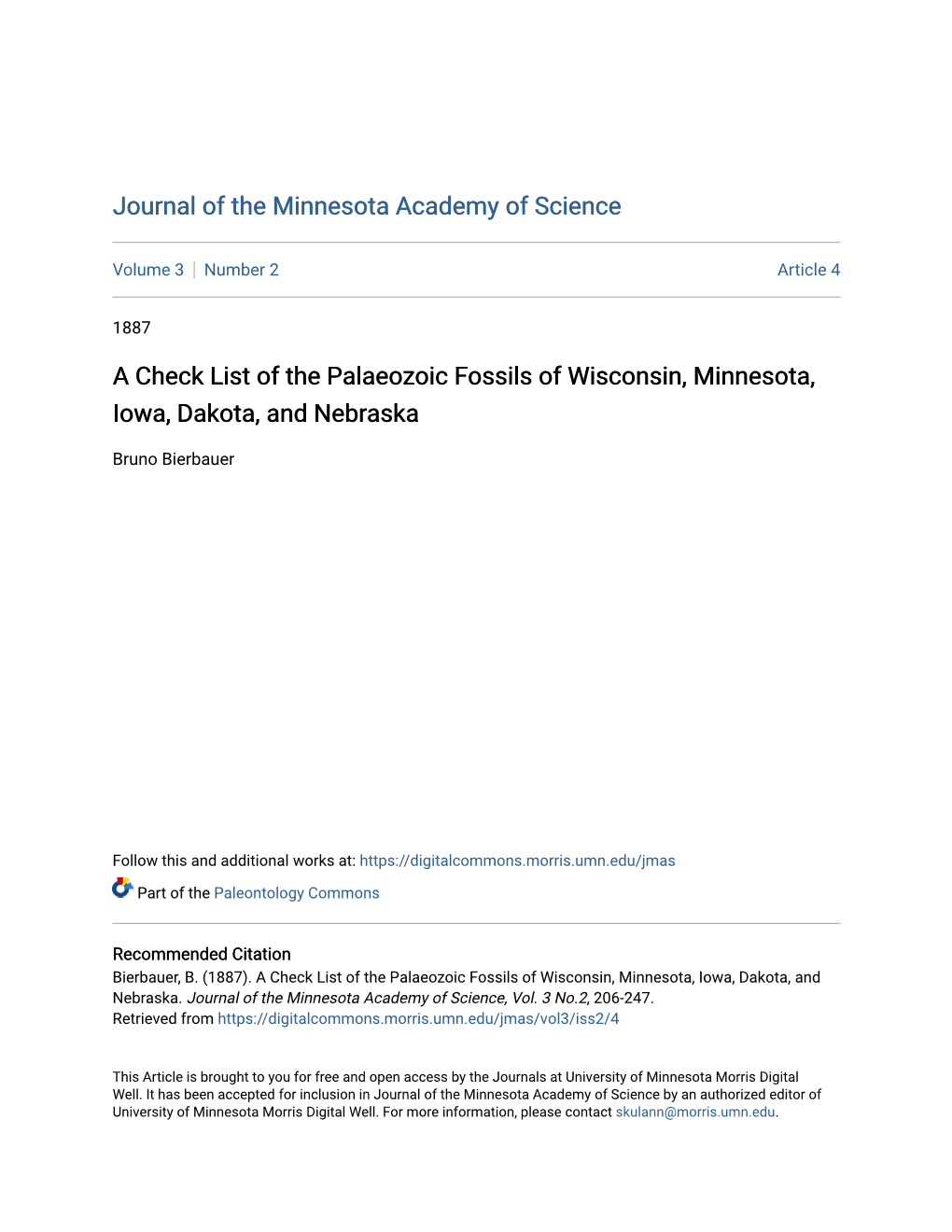 A Check List of the Palaeozoic Fossils of Wisconsin, Minnesota, Iowa, Dakota, and Nebraska