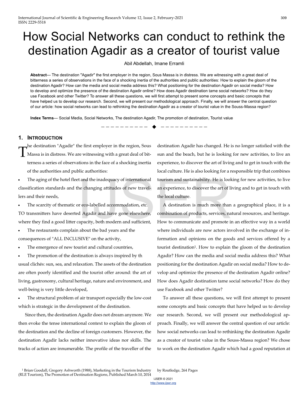 How Social Networks Can Conduct to Rethink the Destination Agadir As a Creator of Tourist Value Abil Abdellah, Imane Erramli