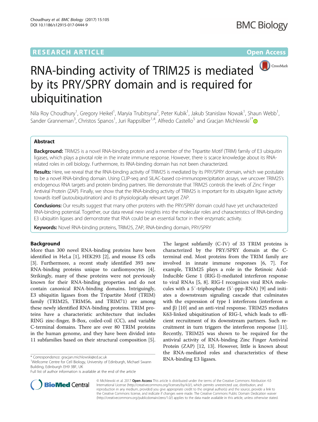 RNA-Binding Activity of TRIM25 Is Mediated by Its PRY/SPRY Domain