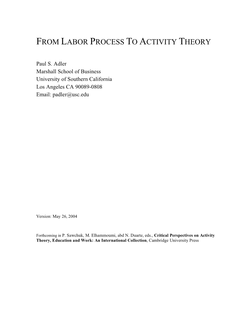 From Labor Process to Activity Theory