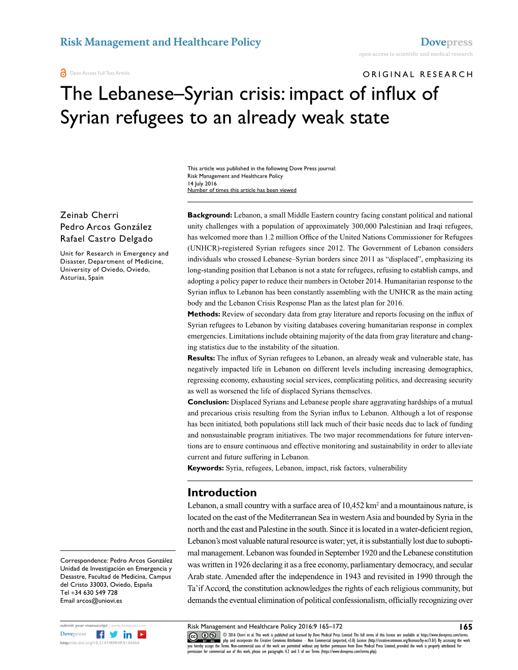 The Lebanese–Syrian Crisis: Impact of Influx of Syrian Refugees to an Already Weak State