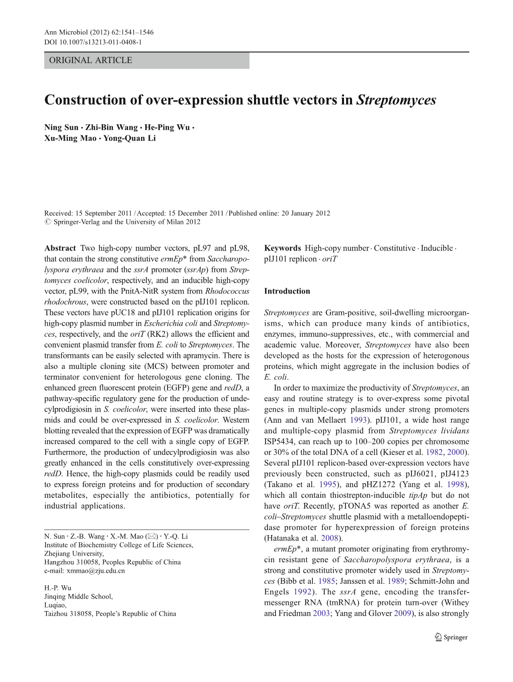 Construction of Over-Expression Shuttle Vectors in Streptomyces