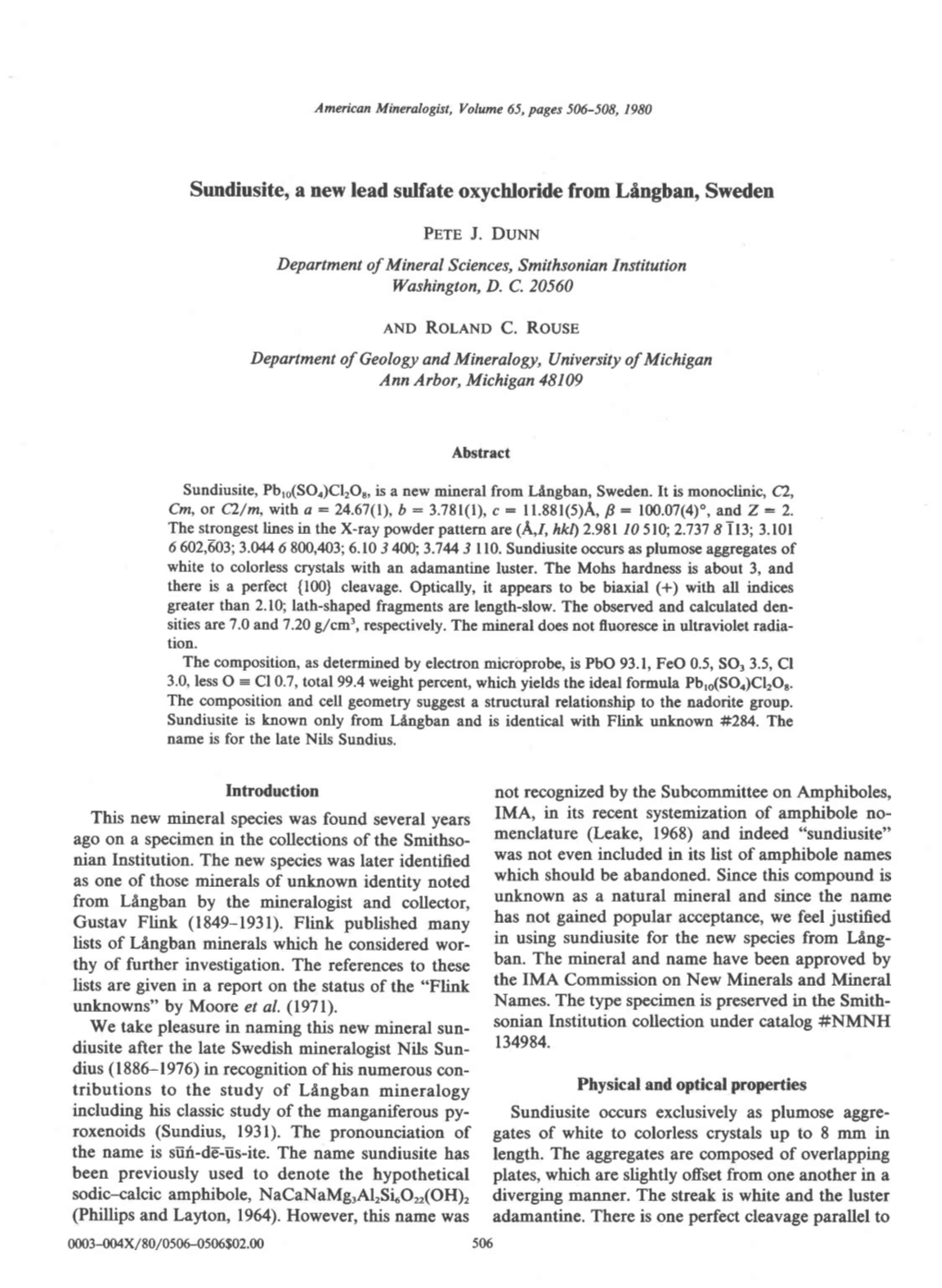 Sundiusite, a New Lead Sulfate Oxychloride from Lingban, Sweden