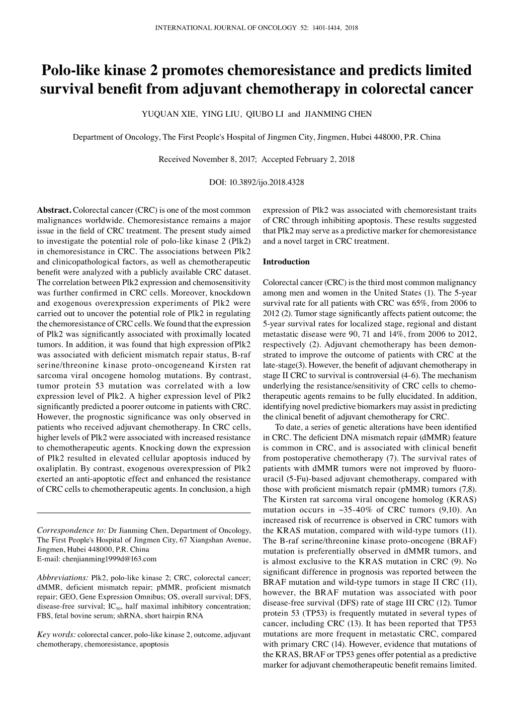 Polo-Like Kinase 2 Promotes Chemoresistance and Predicts Limited Survival Benefit from Adjuvant Chemotherapy in Colorectal Cancer