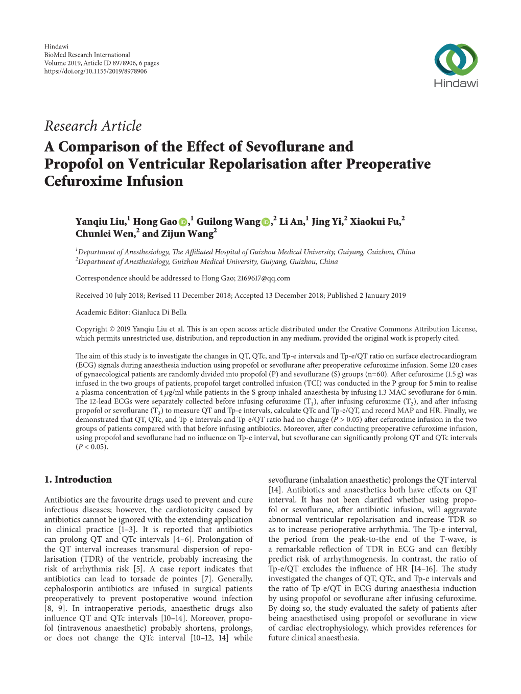 A Comparison of the Effect of Sevoflurane and Propofol on Ventricular Repolarisation After Preoperative Cefuroxime Infusion