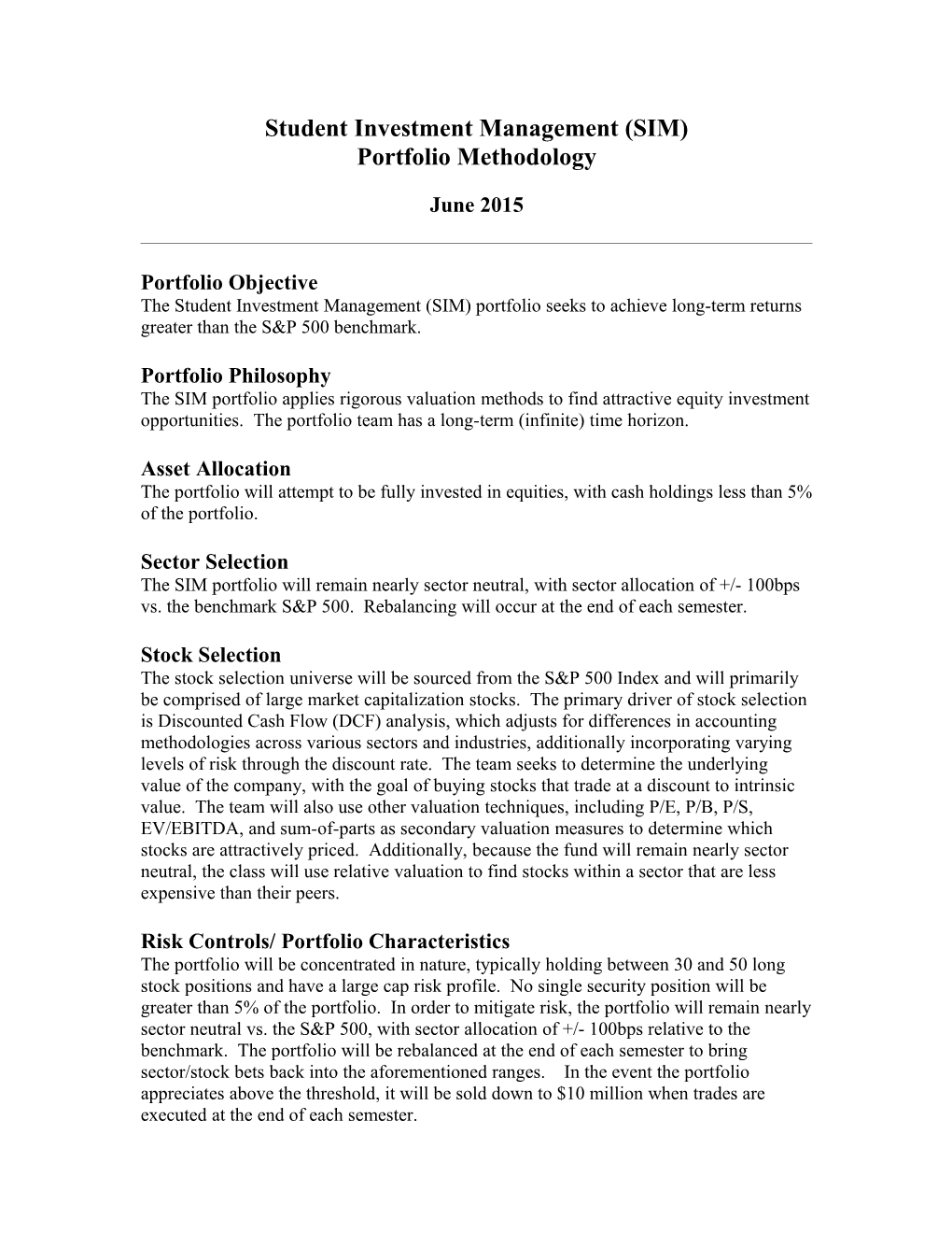 Large Cap Value Portfolio Methodology