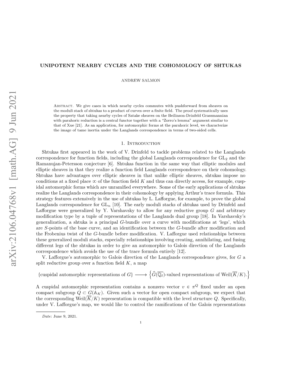 Unipotent Nearby Cycles and the Cohomology of Shtukas 3