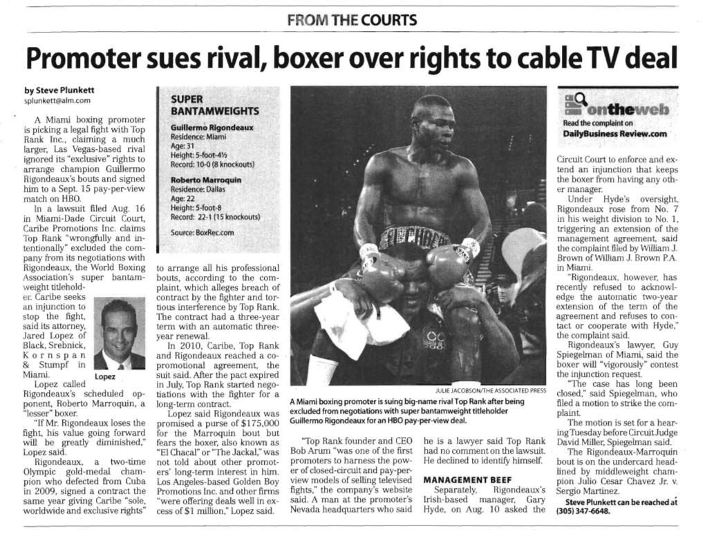 Promoter Sues Rival, Boxer Over Rights to Cable TV Deal