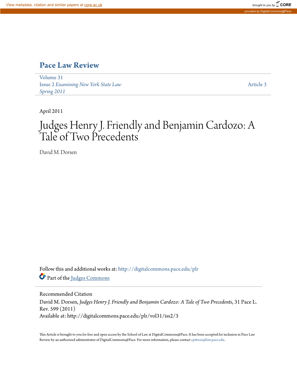 Judges Henry J. Friendly and Benjamin Cardozo: a Tale of Two Precedents David M